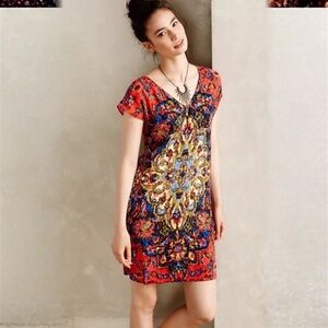 Anthropologie Maeve Sz S Pullover Mini Tunic Boho Dress Stretch V Neck